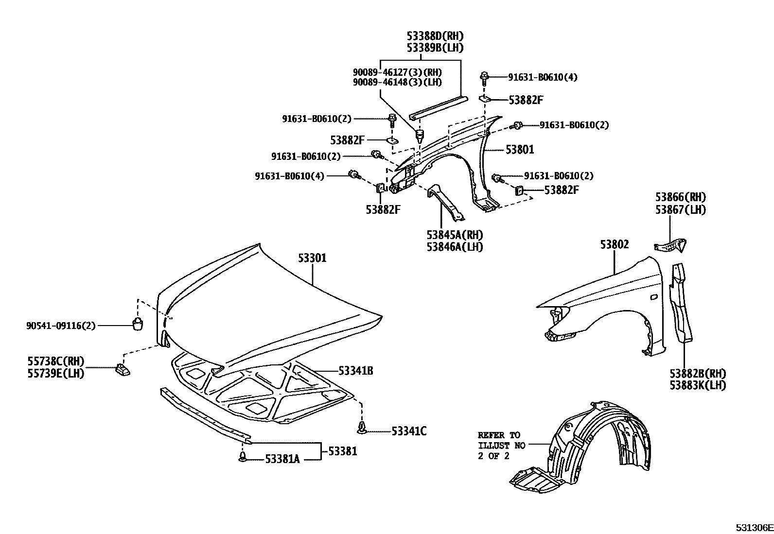Toyota CAMRY 发动机盖和前翼子板 EPC diagram — 531306E