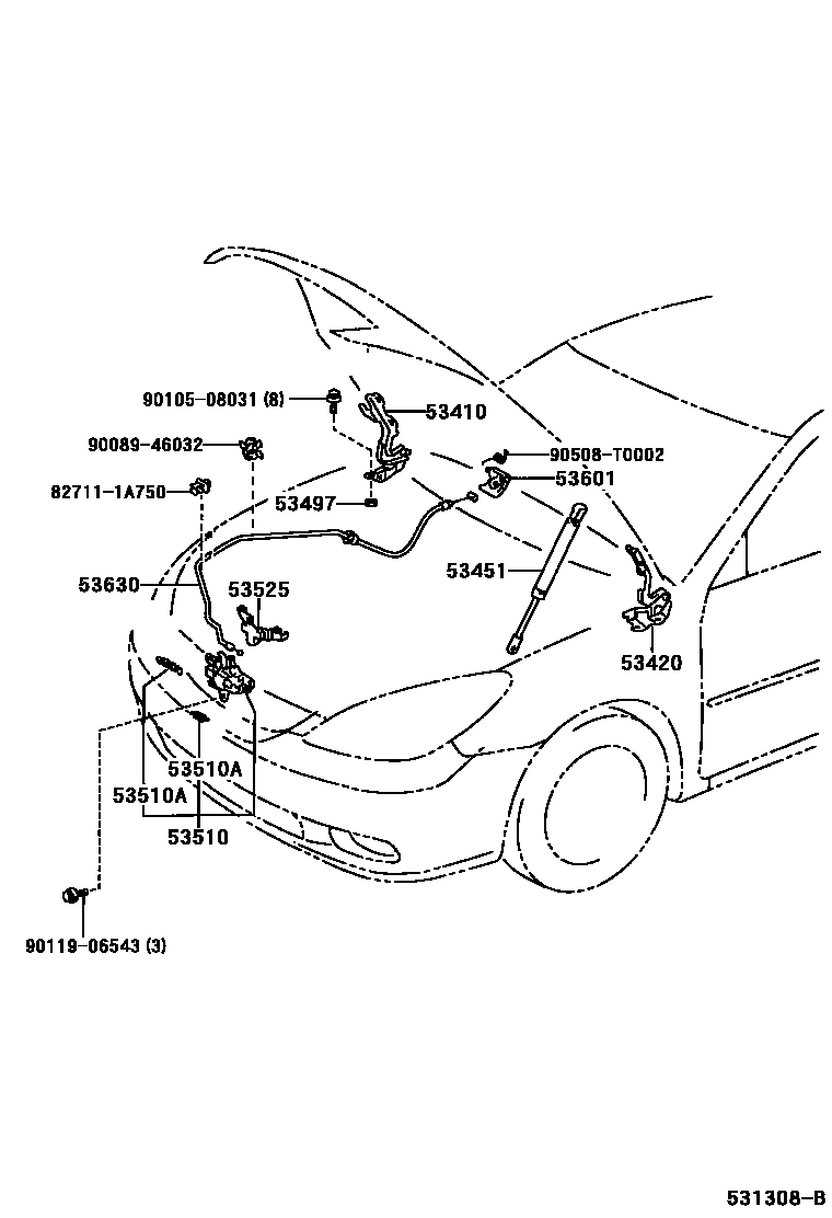 Toyota CAMRY 发动机盖锁和铰链 EPC diagram — 531308B