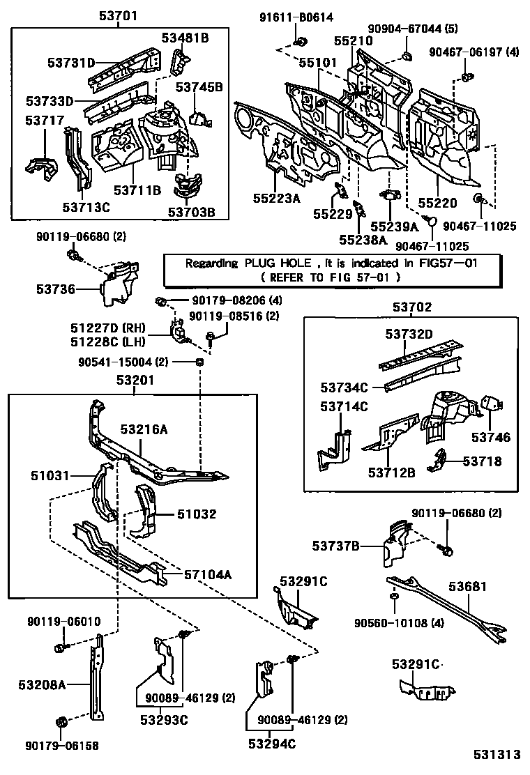 Toyota CAMRY 前翼子板挡泥板和前围板 EPC diagram — 531313