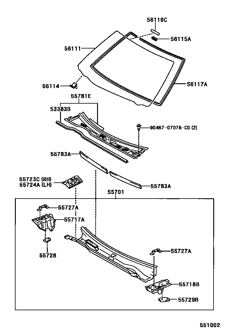 Toyota CAMRY 前围板和挡风玻璃 EPC diagram — 551002