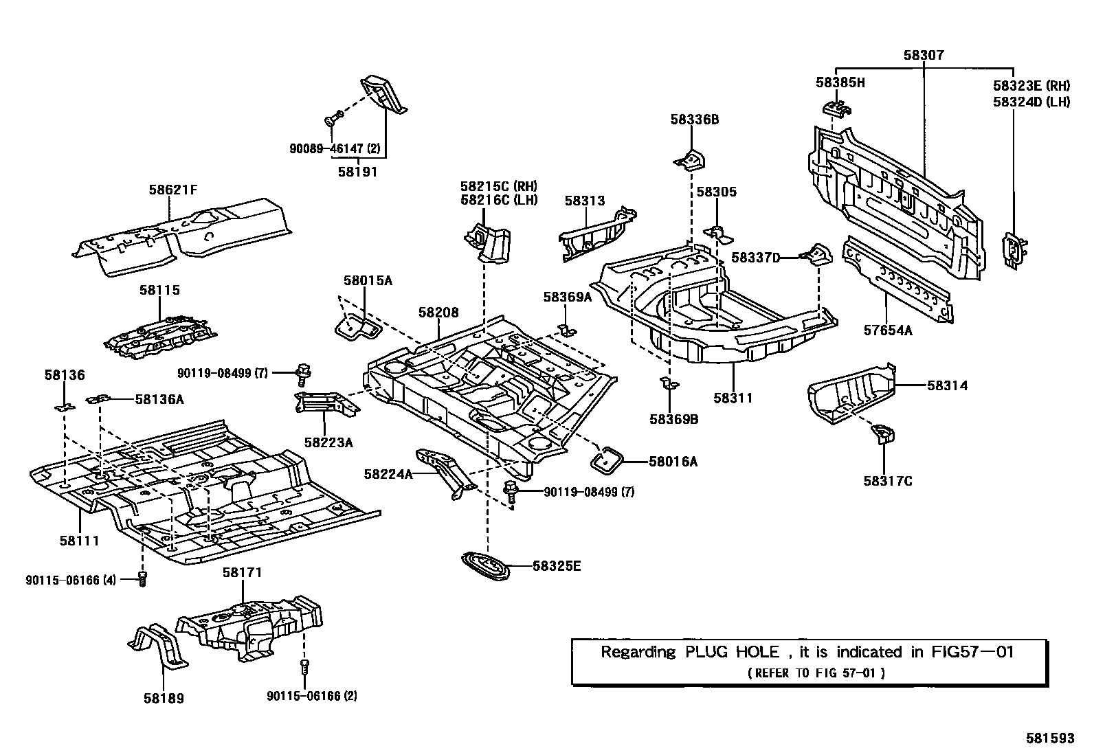 Toyota CAMRY 浅盘形地板和车身下背板 EPC diagram — 581593