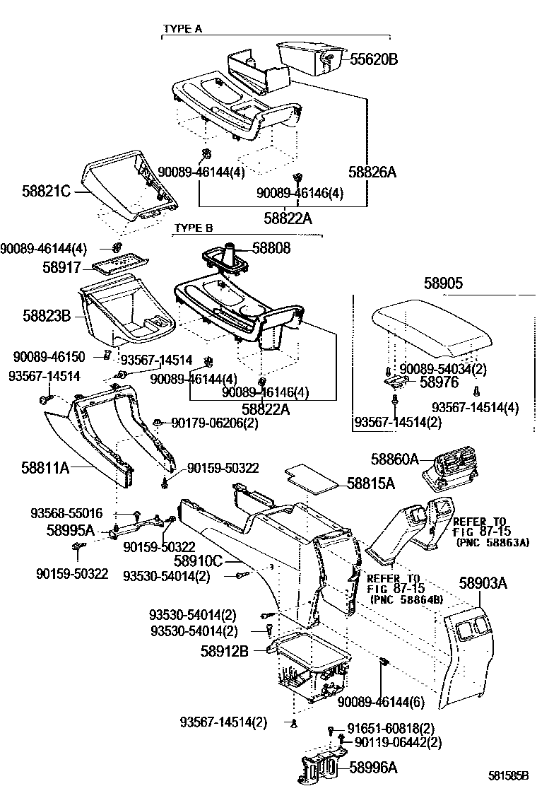 Toyota CAMRY 中央扶手箱和支架 EPC diagram — 581585B