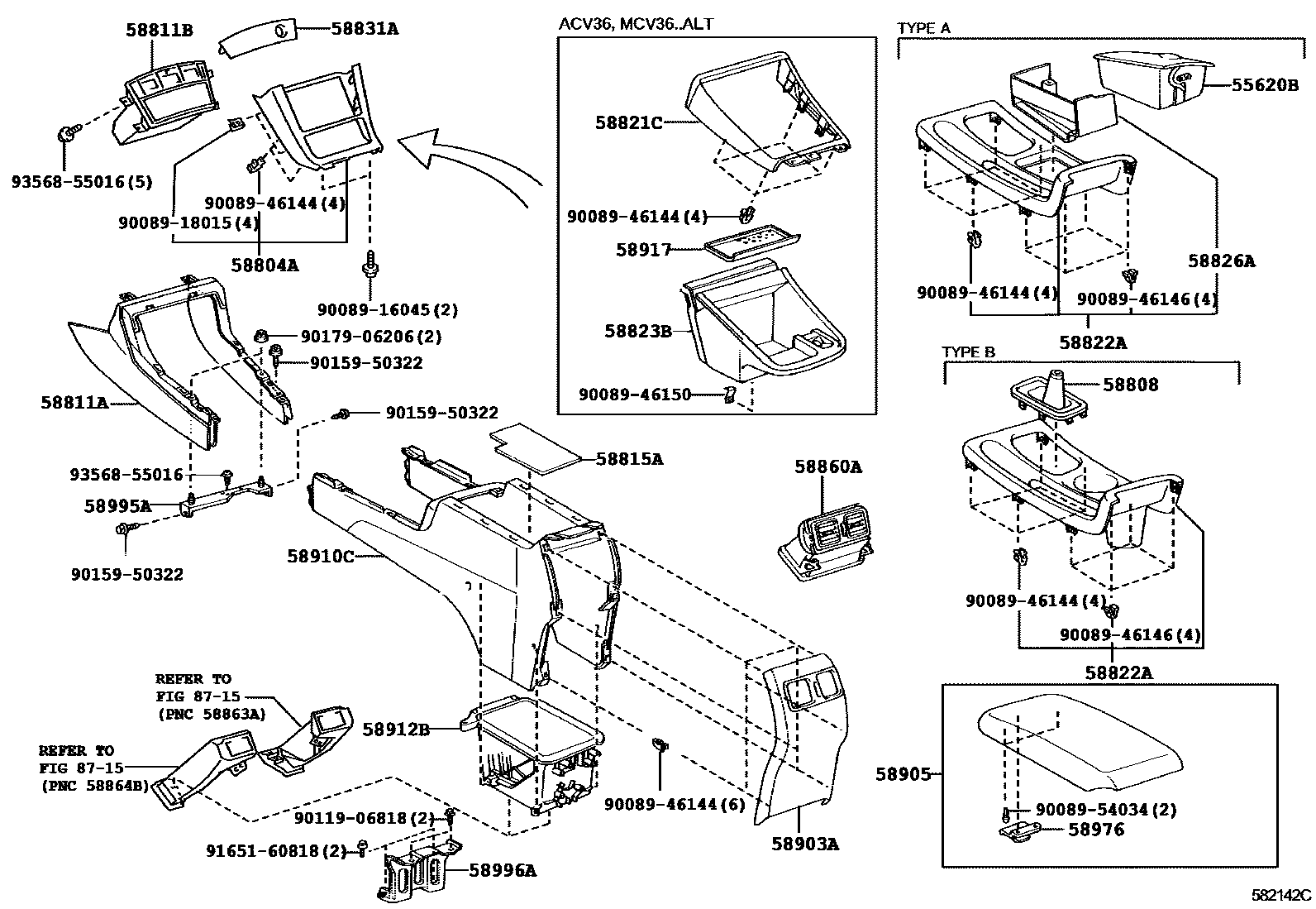 Toyota CAMRY 中央扶手箱和支架 EPC diagram — 582142C