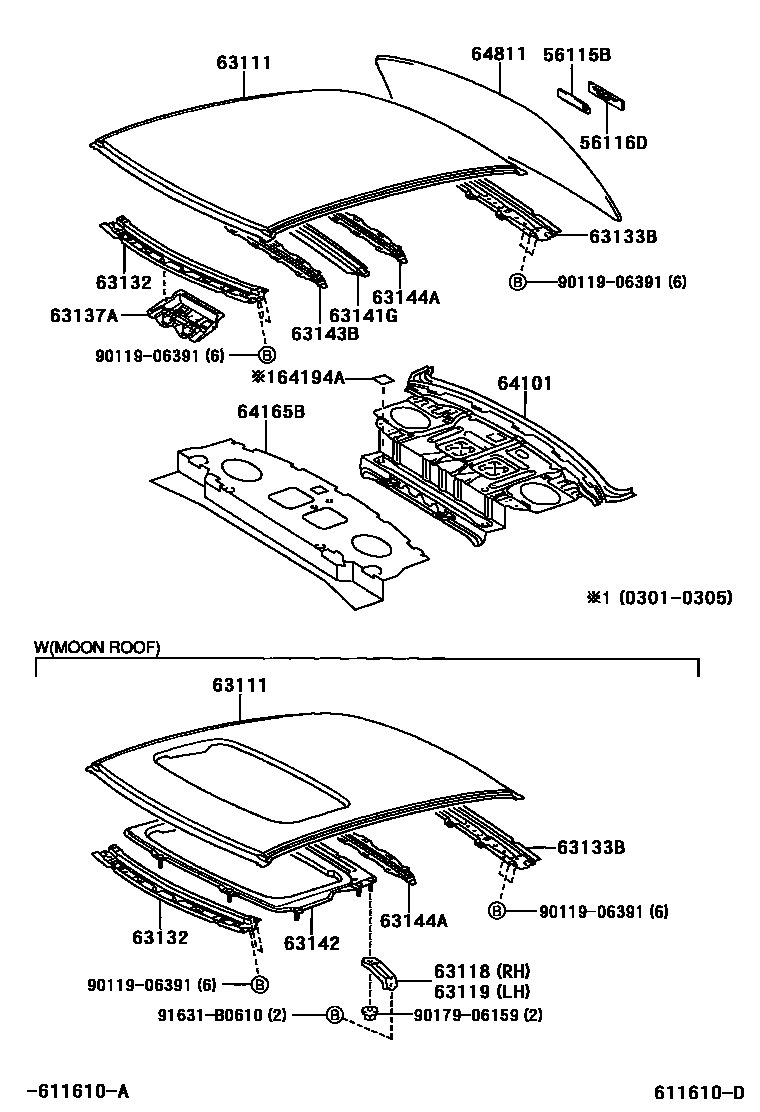 Toyota CAMRY 天窗板和背窗玻璃 EPC diagram — 611610D