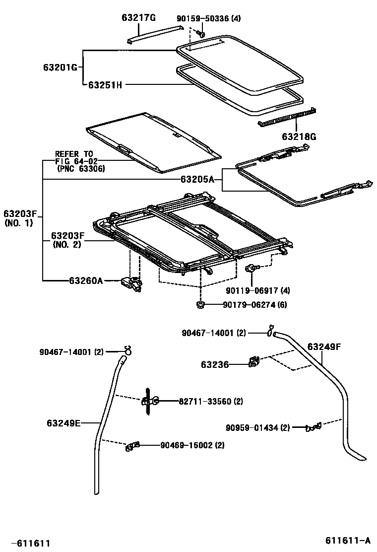 Toyota CAMRY 天窗板和背窗玻璃 EPC diagram — 611611A