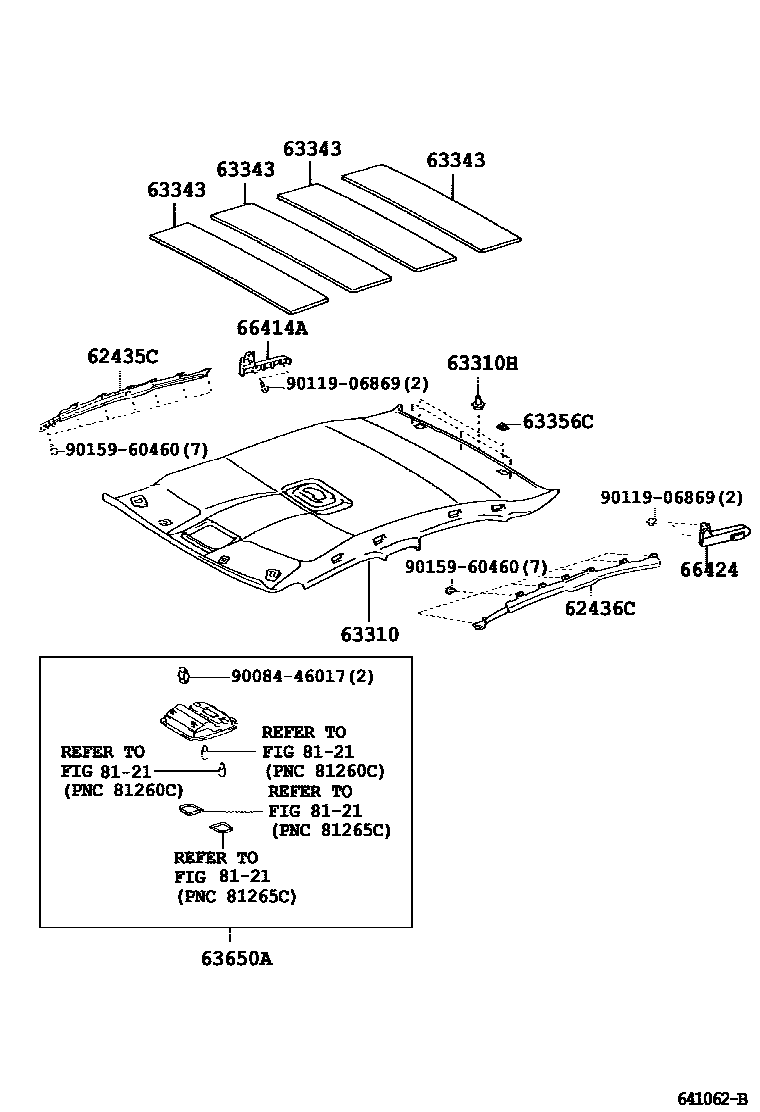 Toyota CAMRY 车顶内衬和消声垫 EPC diagram — 641062B