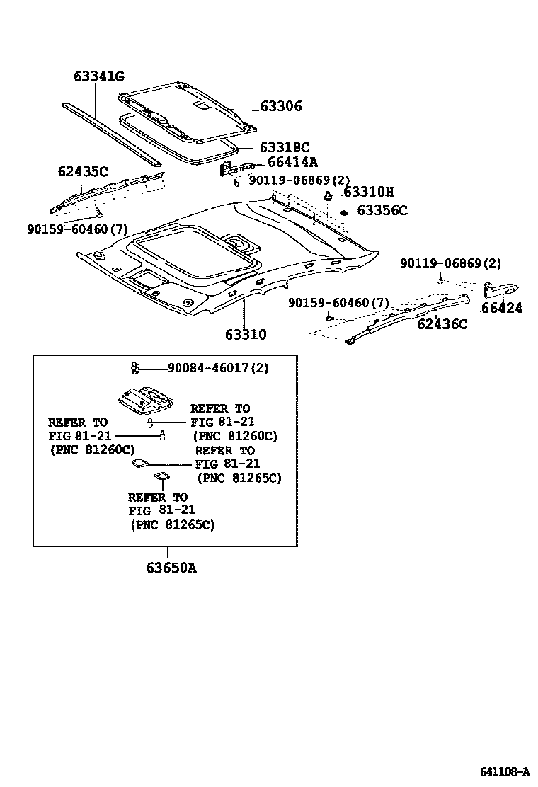 Toyota CAMRY 车顶内衬和消声垫 EPC diagram — 641108A
