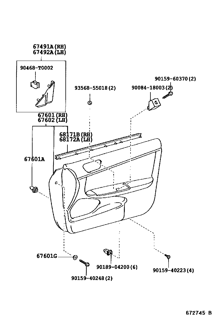 Toyota CAMRY 前门板和前门玻璃 EPC diagram — 672745B