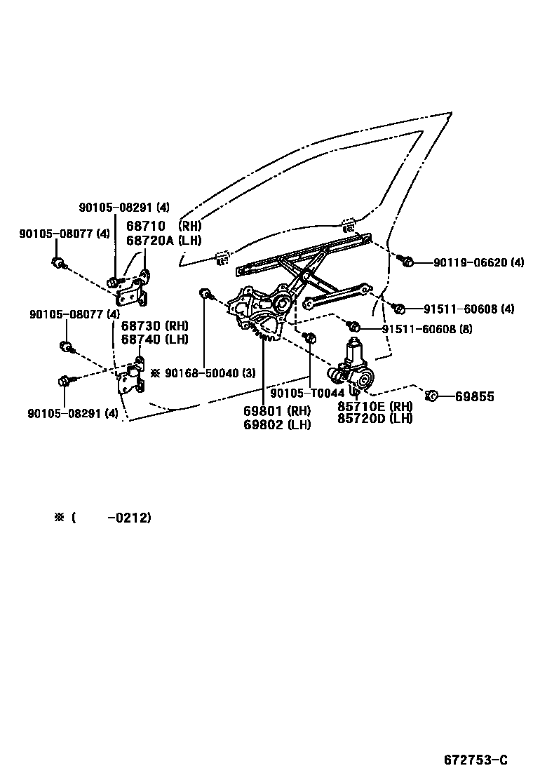 Toyota CAMRY 前门车窗升降器和合页 EPC diagram — 672753C
