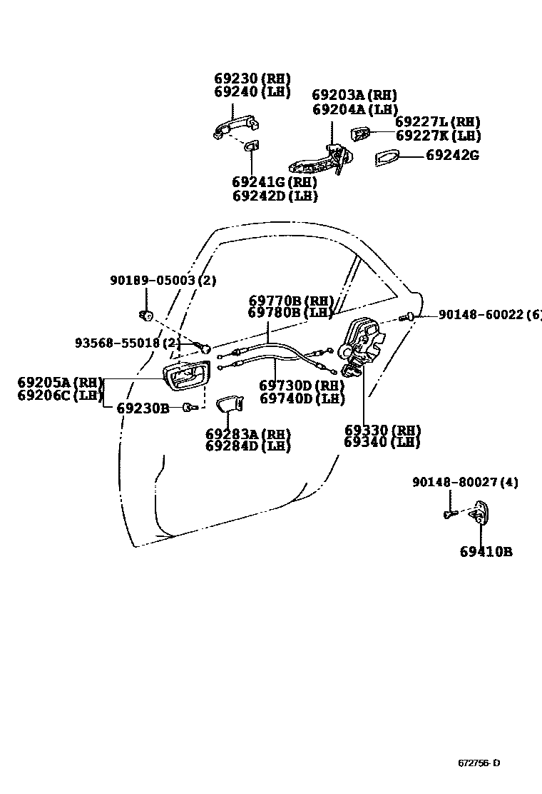 Toyota CAMRY 后门锁和后门把手 EPC diagram — 672756D
