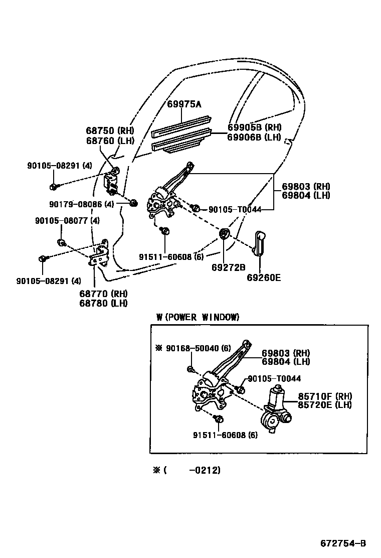 Toyota CAMRY 后门车窗升降器和合页 EPC diagram — 672754B