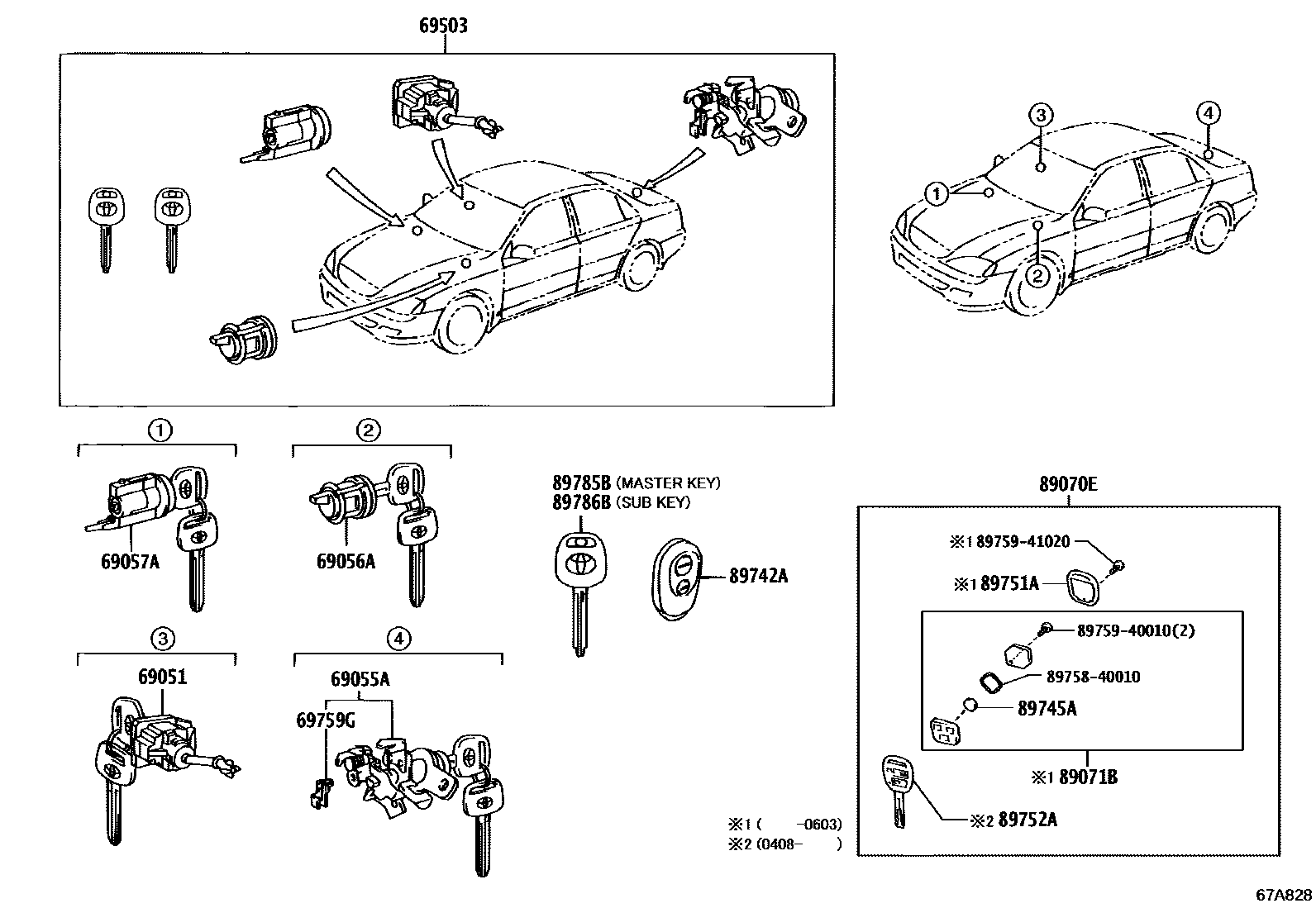 Toyota CAMRY 锁芯组件 EPC diagram — 67A828