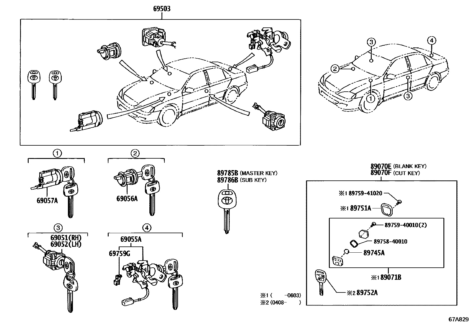 Toyota CAMRY 锁芯组件 EPC diagram — 67A829