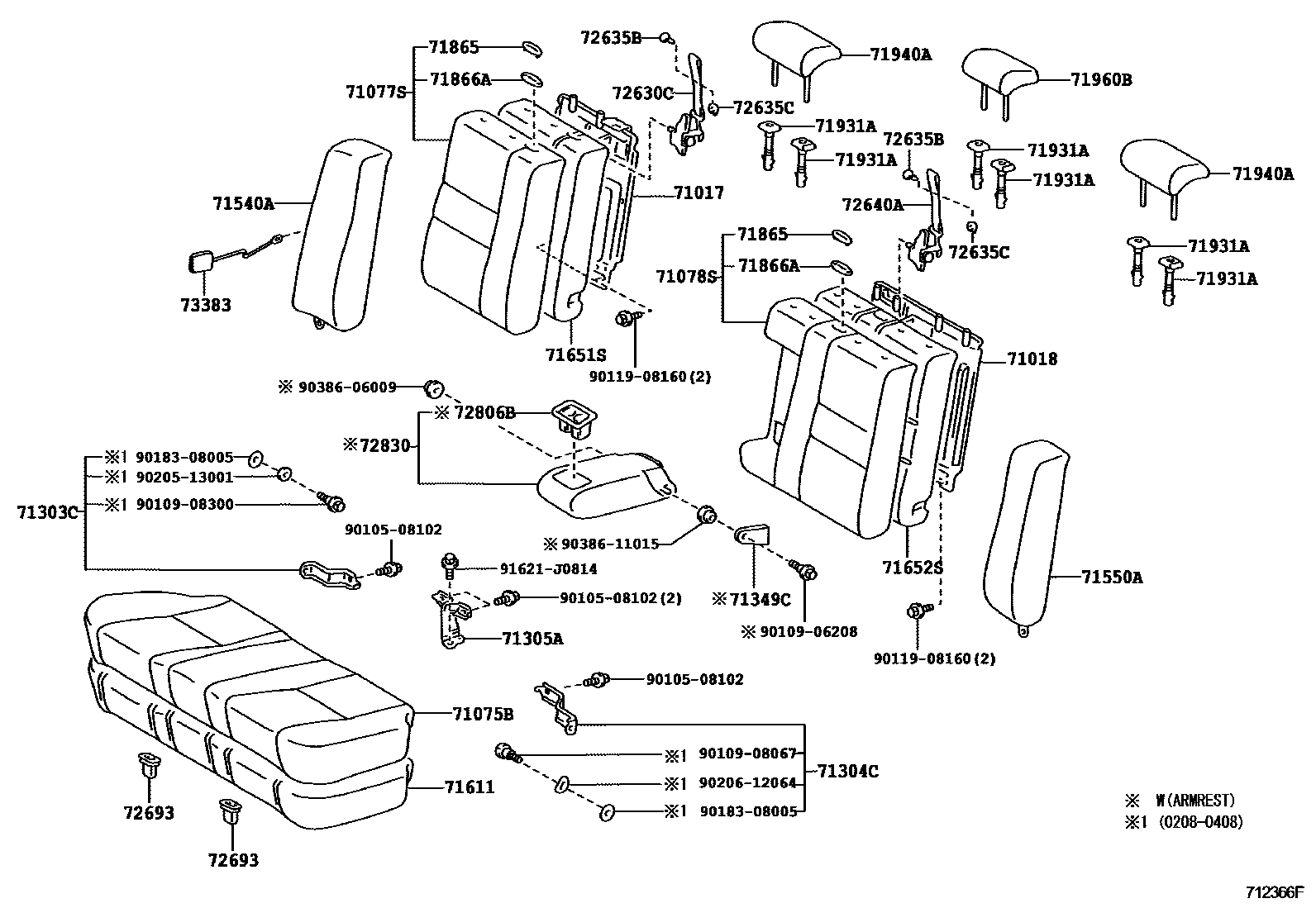 Toyota CAMRY 后排座椅和座椅滑轨 EPC diagram — 712366F