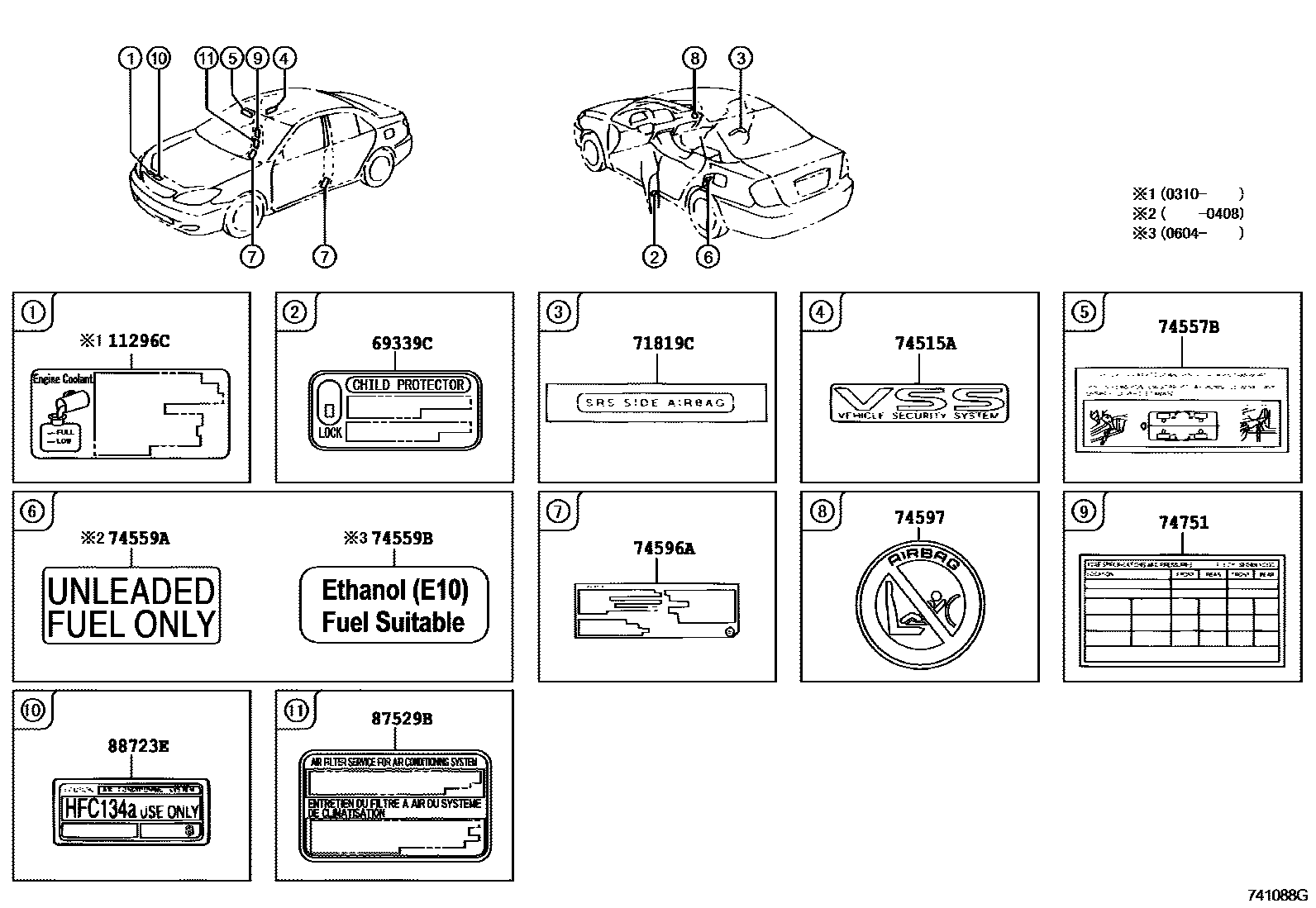 Toyota CAMRY 警示铭牌(车外和车内) EPC diagram — 741088G
