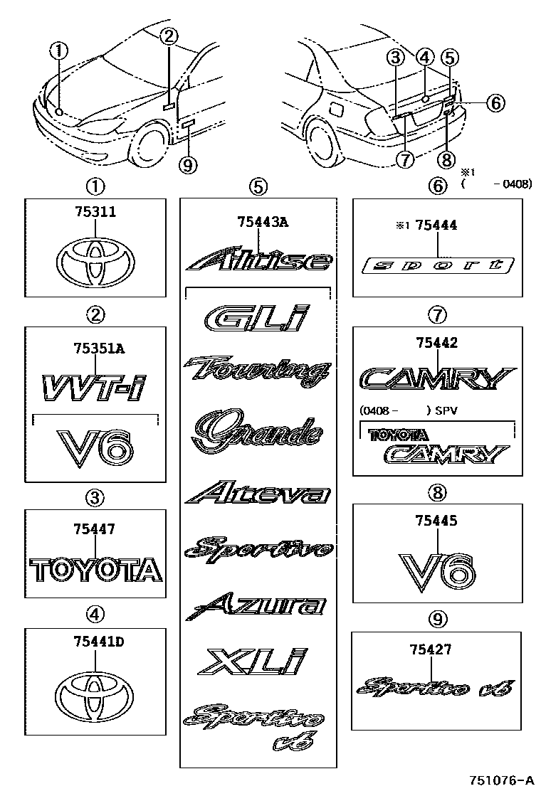 Toyota CAMRY 丰田徽标和铭牌(车外和车内) EPC diagram — 751076A