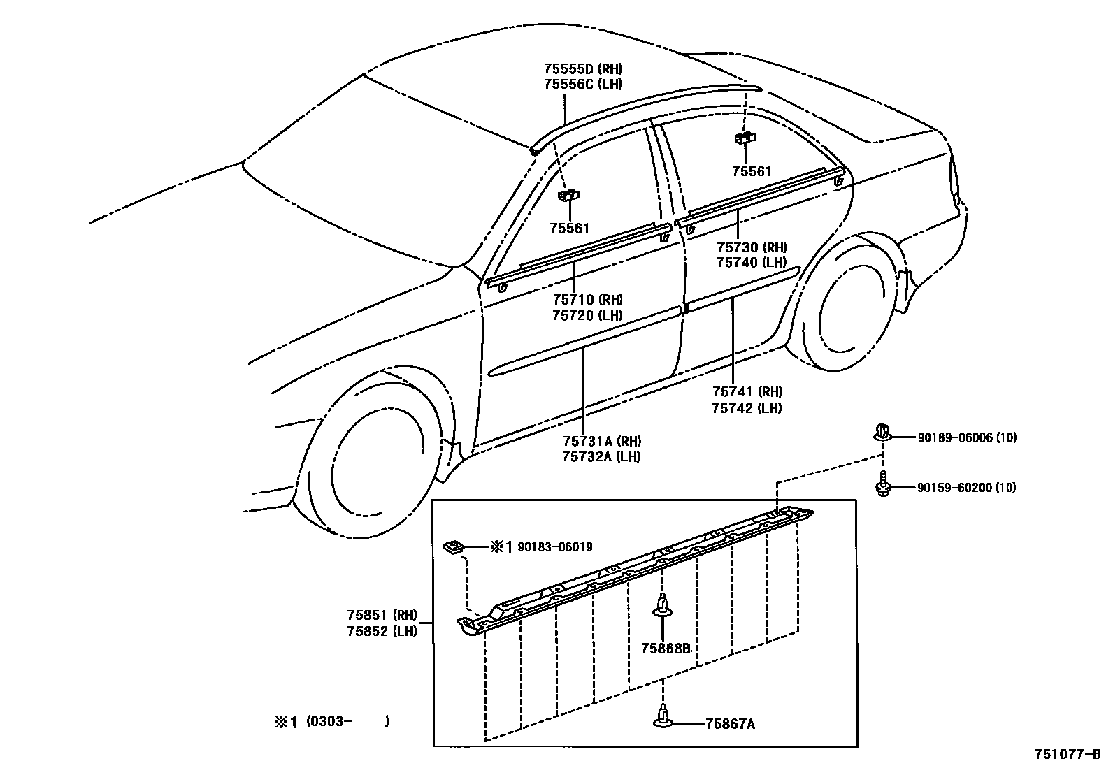 Toyota CAMRY 侧防护条 EPC diagram — 751077B