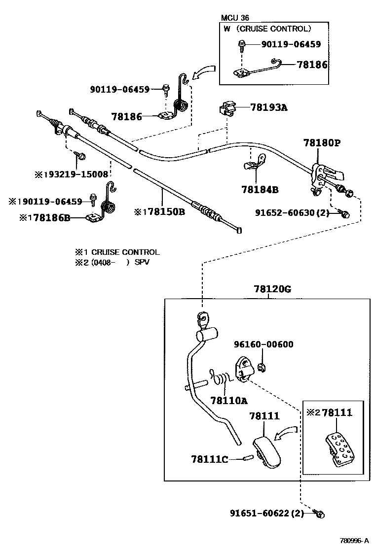 Toyota CAMRY accelerator pedal connecting rod EPC diagram — 780996A