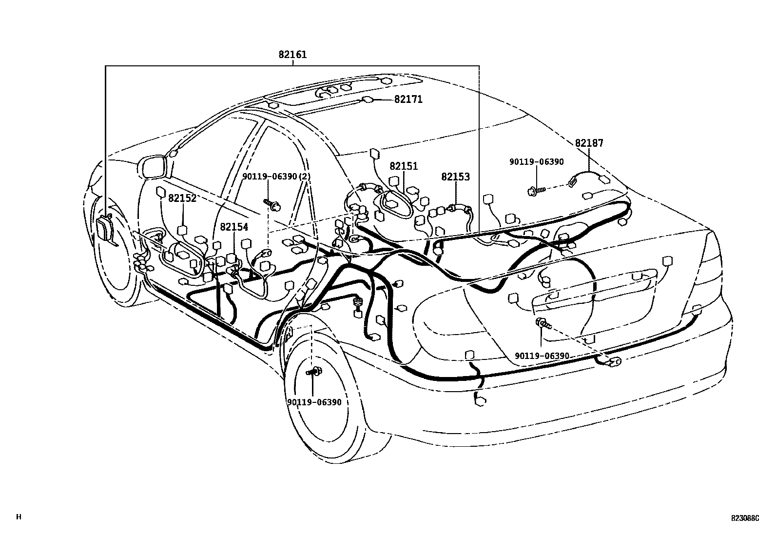 Toyota CAMRY 线束和卡夹 EPC diagram — 823088C
