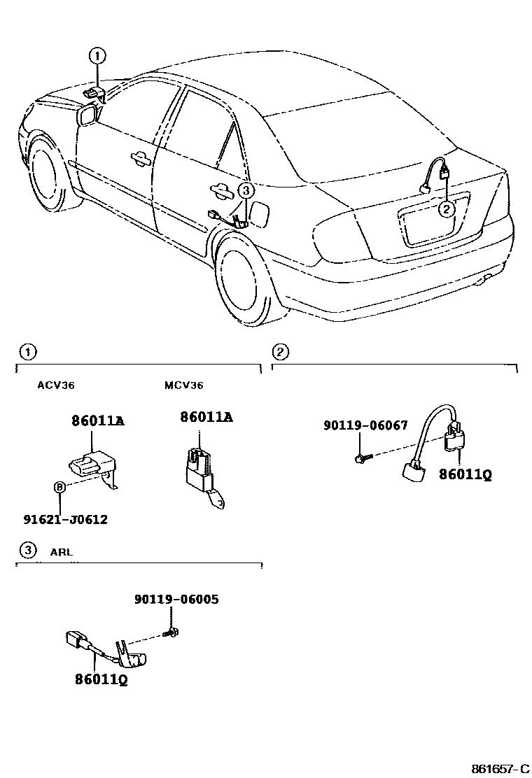 Toyota CAMRY 收音机、放大器和冷凝器 EPC diagram — 861657C