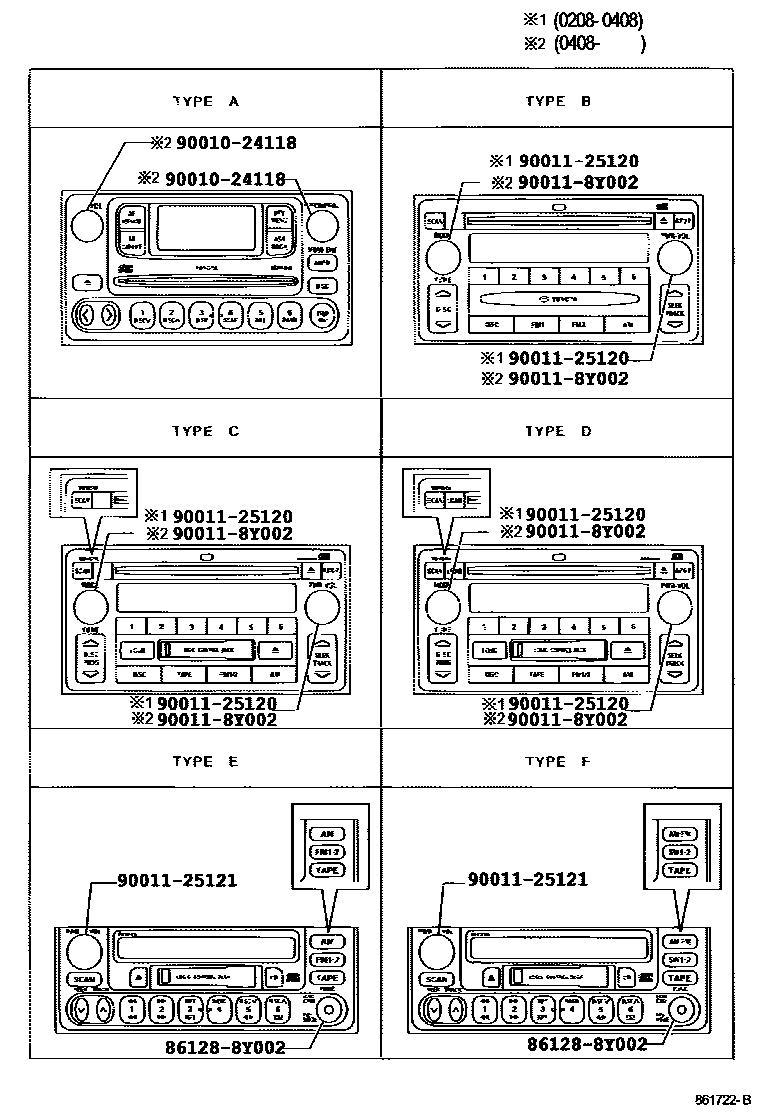 Toyota CAMRY 收音机、放大器和冷凝器 EPC diagram — 861722B