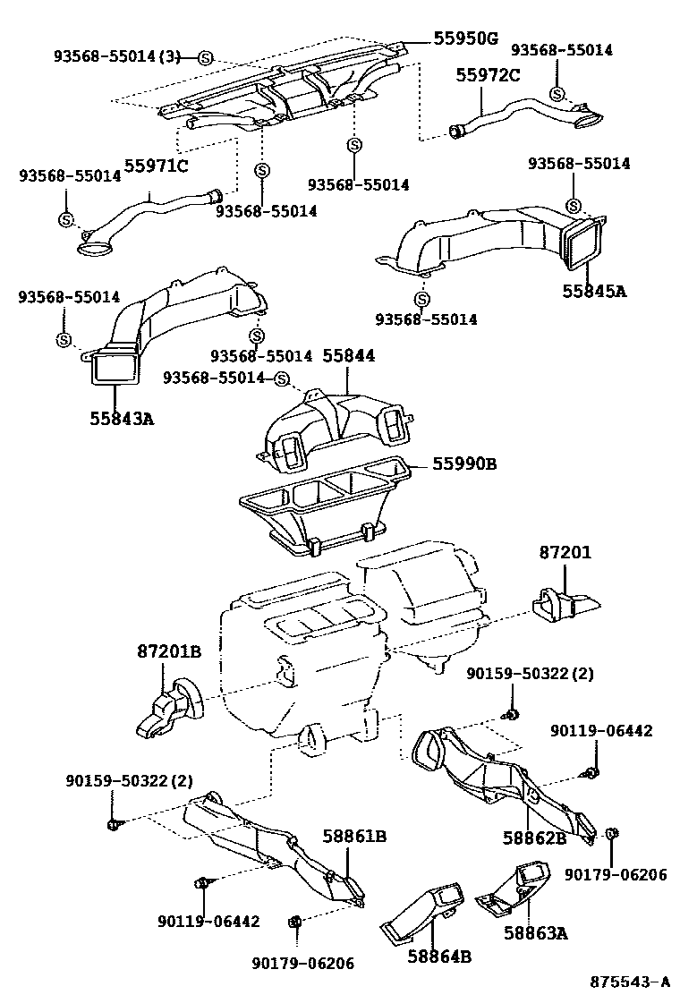 Toyota CAMRY 暖风和空调系统 - 控制器和风管 EPC diagram — 875543A