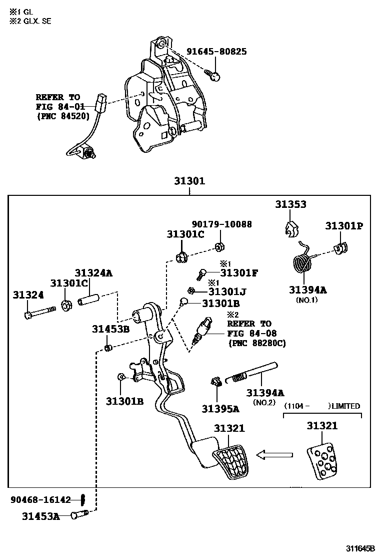 Toyota CAMRY 离合器踏板和挠性软管 EPC diagram — 311645B