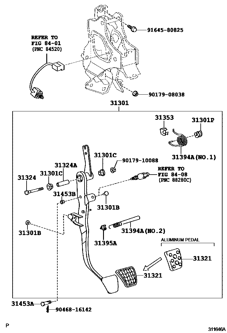 Toyota CAMRY 离合器踏板和挠性软管 EPC diagram — 311646A