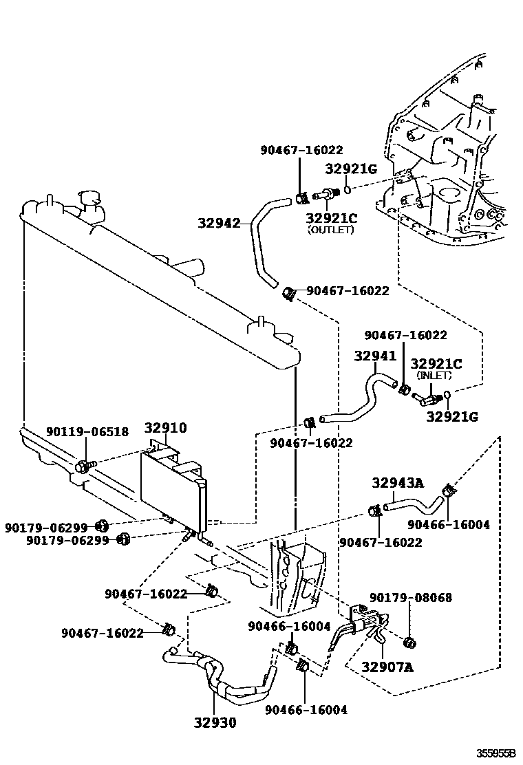 Toyota CAMRY 变速器油冷却器和配管(ATM) EPC diagram — 355955B