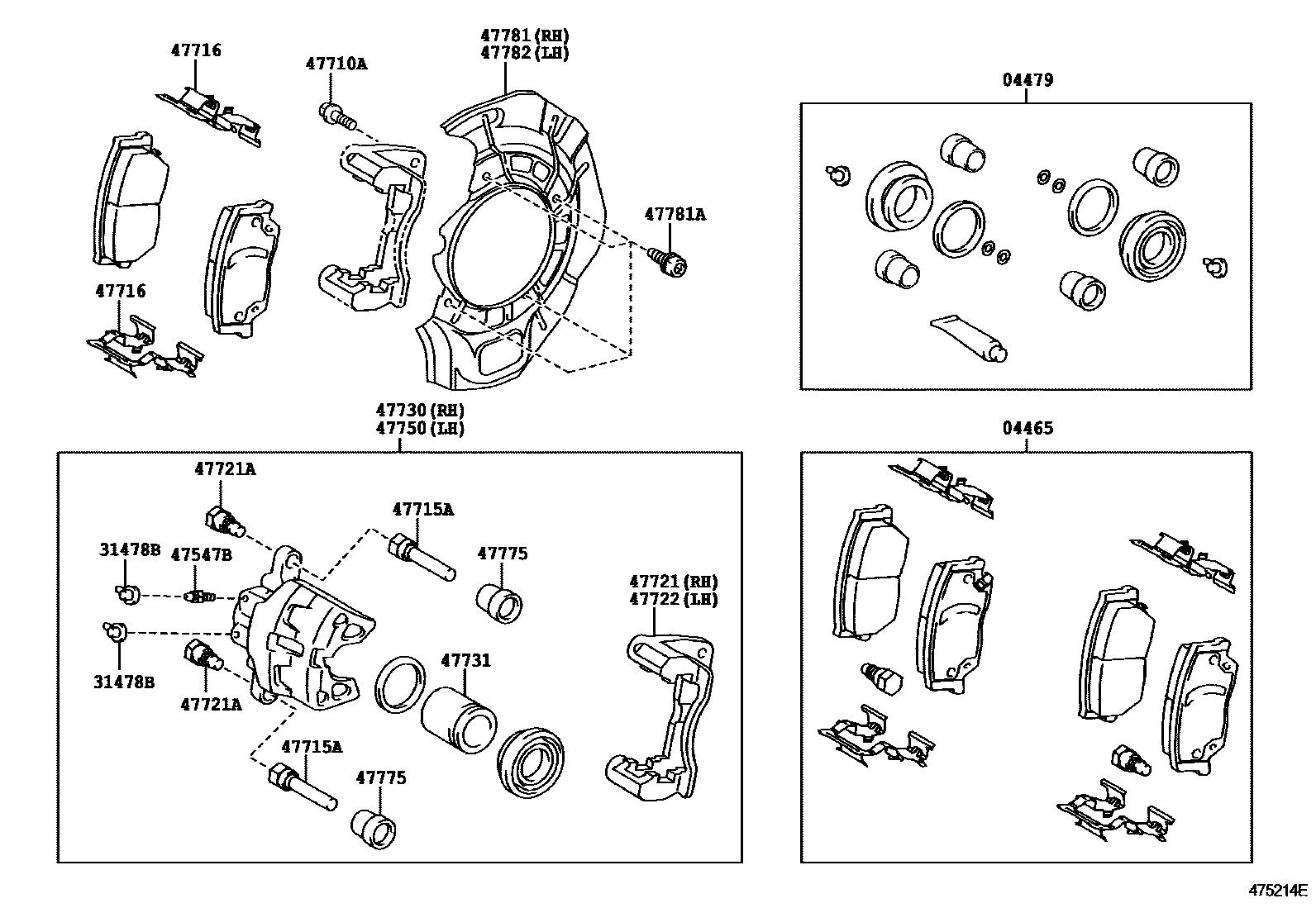 Toyota CAMRY 前盘式制动器卡钳和防尘罩 EPC diagram — 475214E