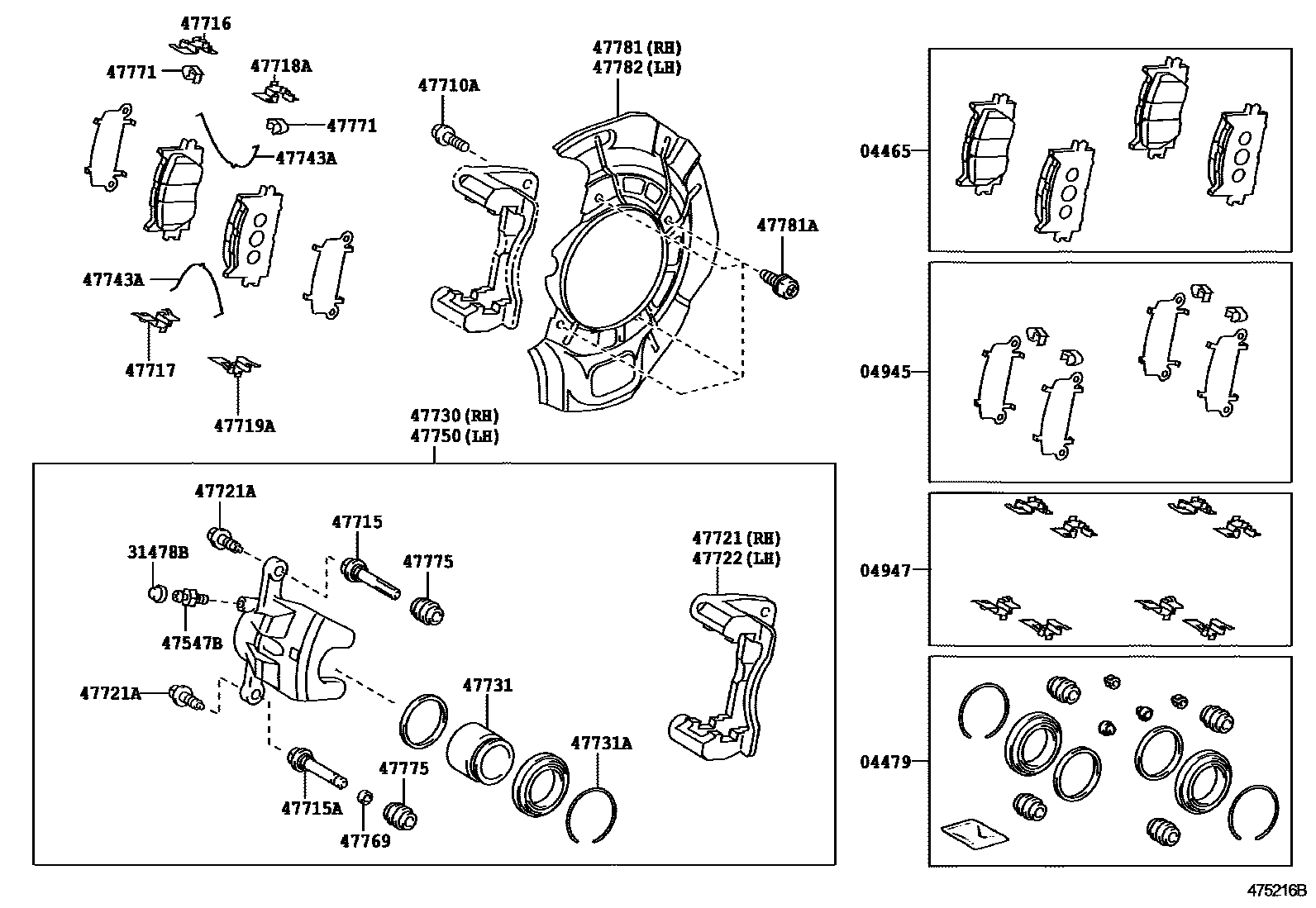 Toyota CAMRY 前盘式制动器卡钳和防尘罩 EPC diagram — 475216B