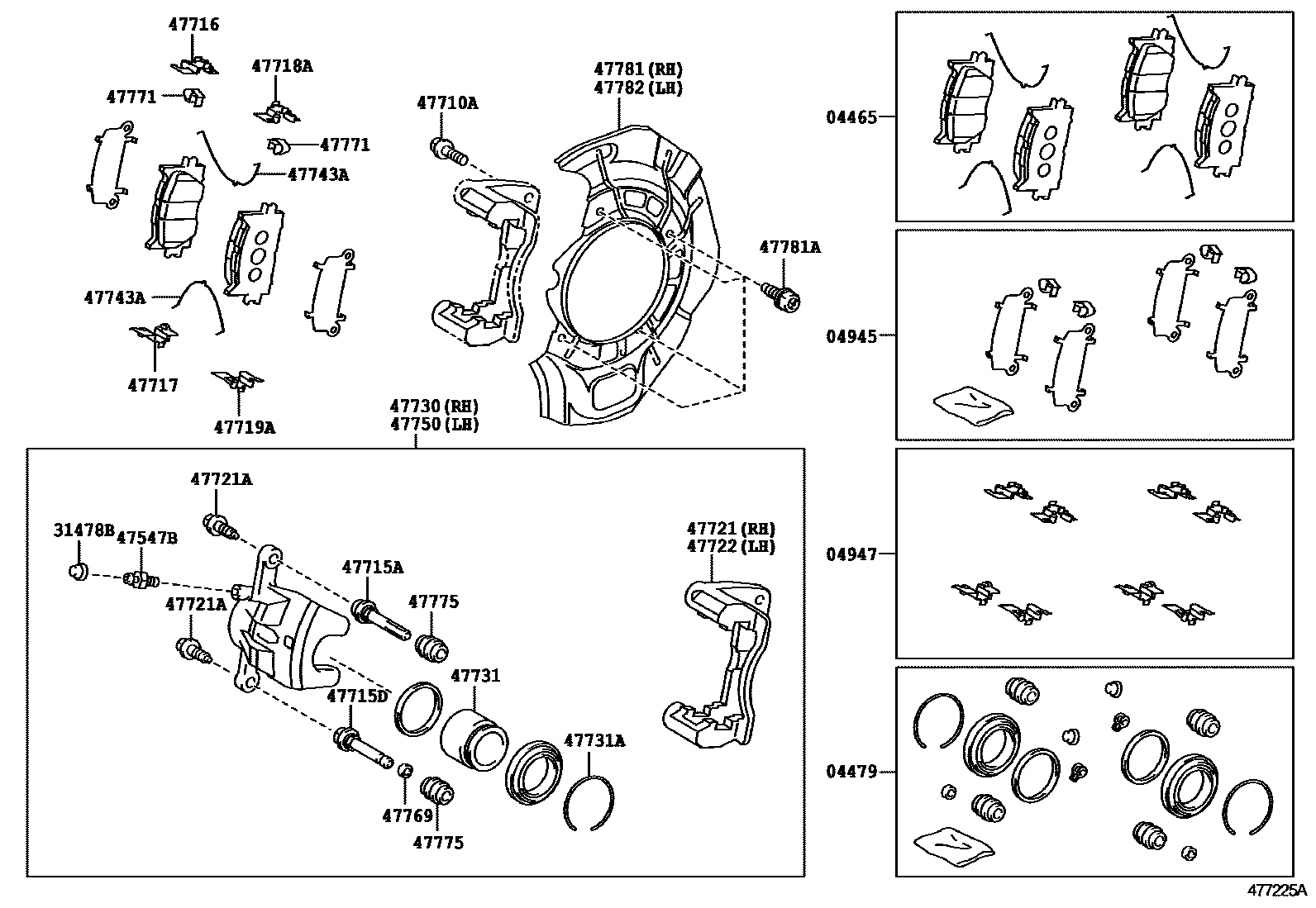 Toyota CAMRY 前盘式制动器卡钳和防尘罩 EPC diagram — 477225A