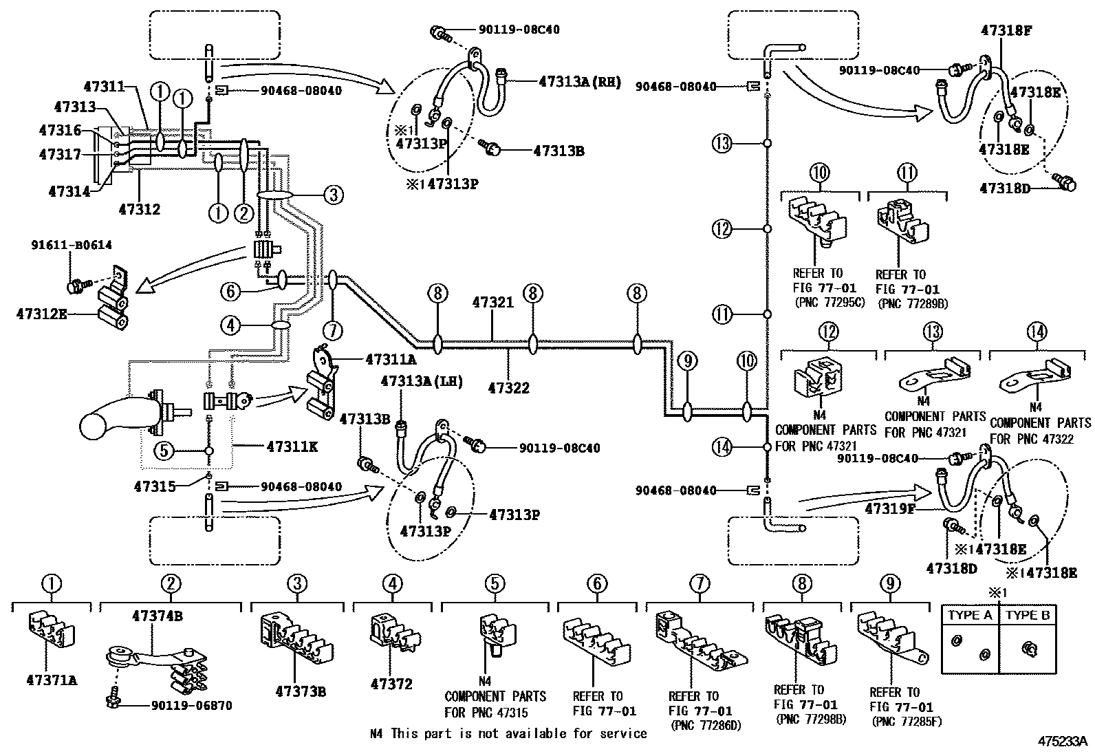 Toyota CAMRY 制动配管和卡箍 EPC diagram — 475233A