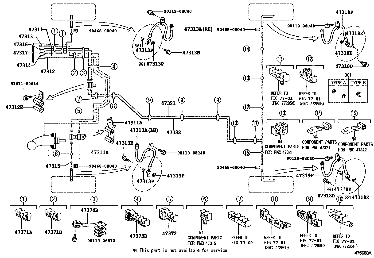 Toyota CAMRY 制动配管和卡箍 EPC diagram — 475668A