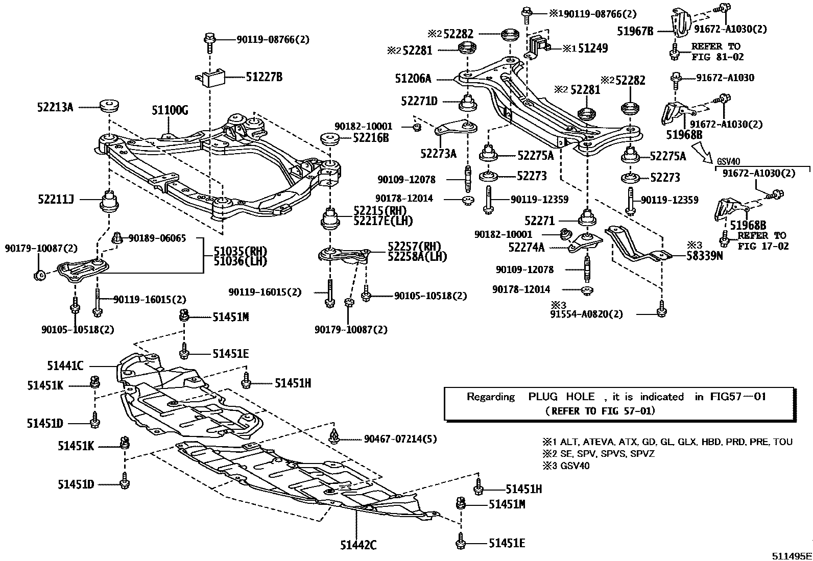 Toyota CAMRY 悬架横梁和发动机底罩 EPC diagram — 511495E