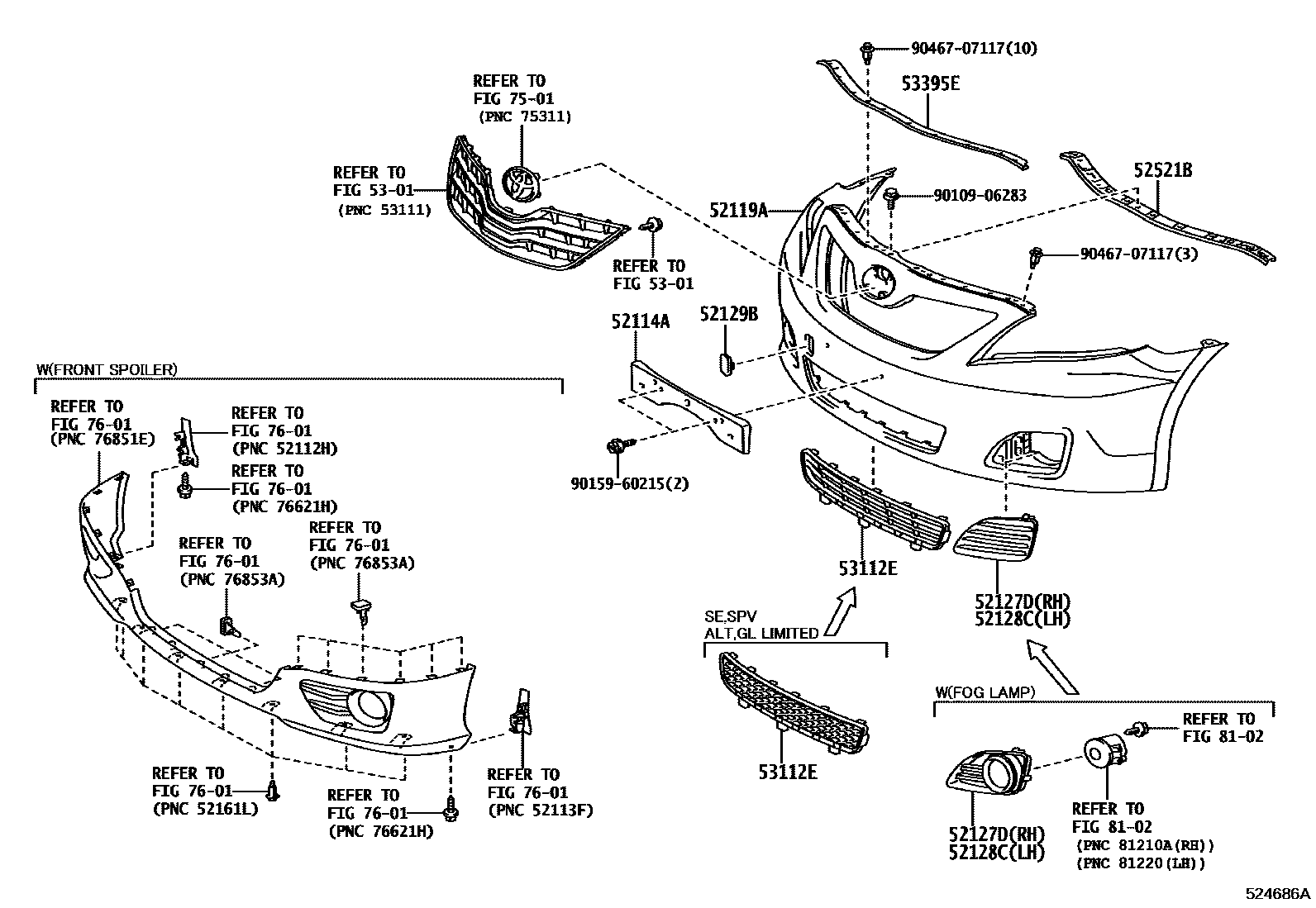 Toyota CAMRY 前保险杠及附件 EPC diagram — 524686A