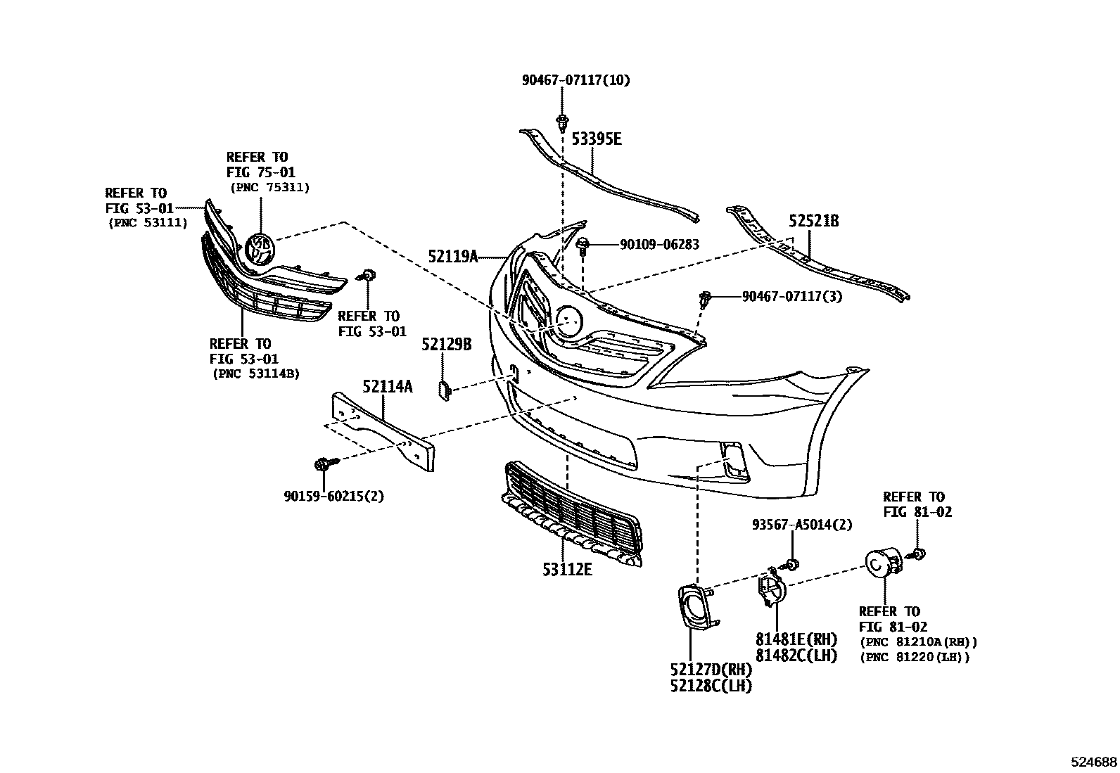 Toyota CAMRY 前保险杠及附件 EPC diagram — 524688