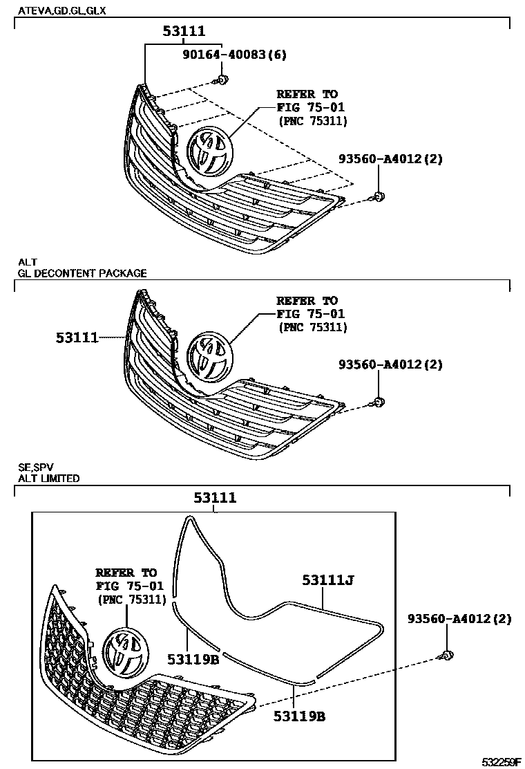 Toyota CAMRY radiator grille EPC diagram — 532259F