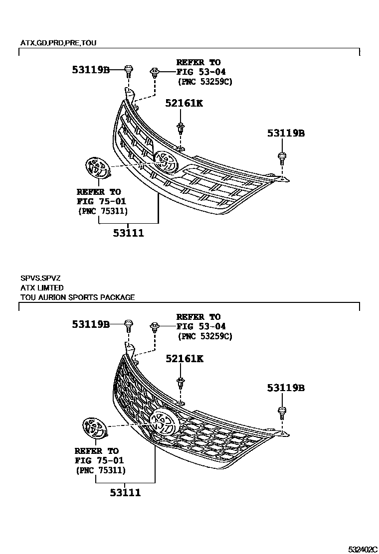 Toyota CAMRY radiator grille EPC diagram — 532402C