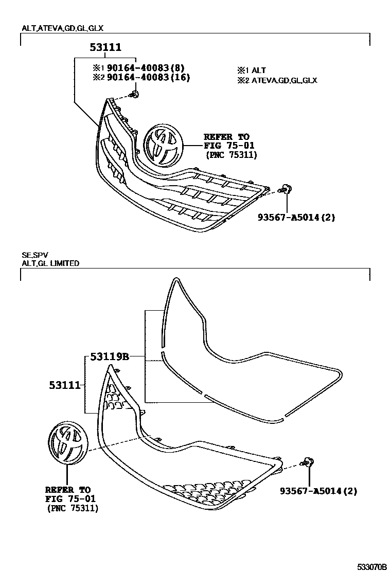 Toyota CAMRY radiator grille EPC diagram — 533070B