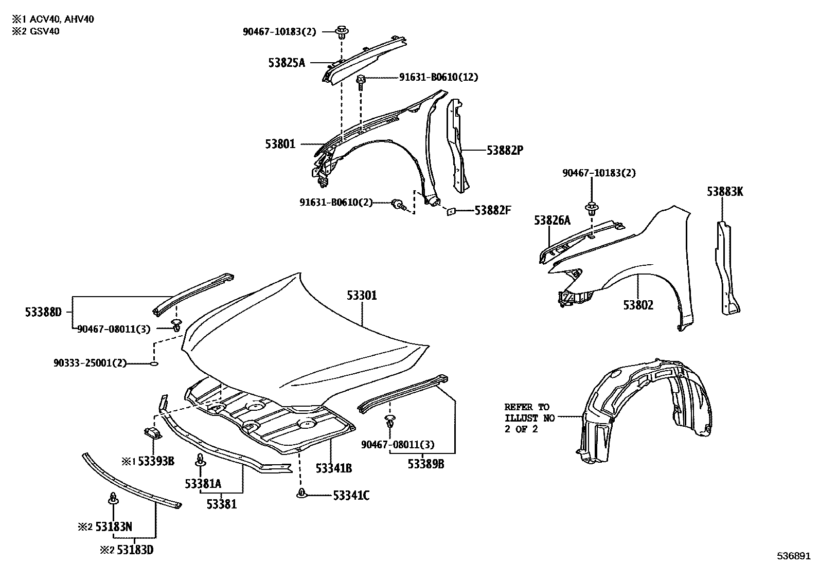 Toyota CAMRY 发动机盖和前翼子板 EPC diagram — 536891