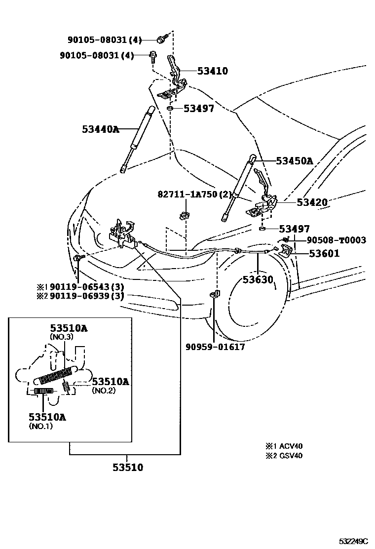 Toyota CAMRY 发动机盖锁和铰链 EPC diagram — 532249C