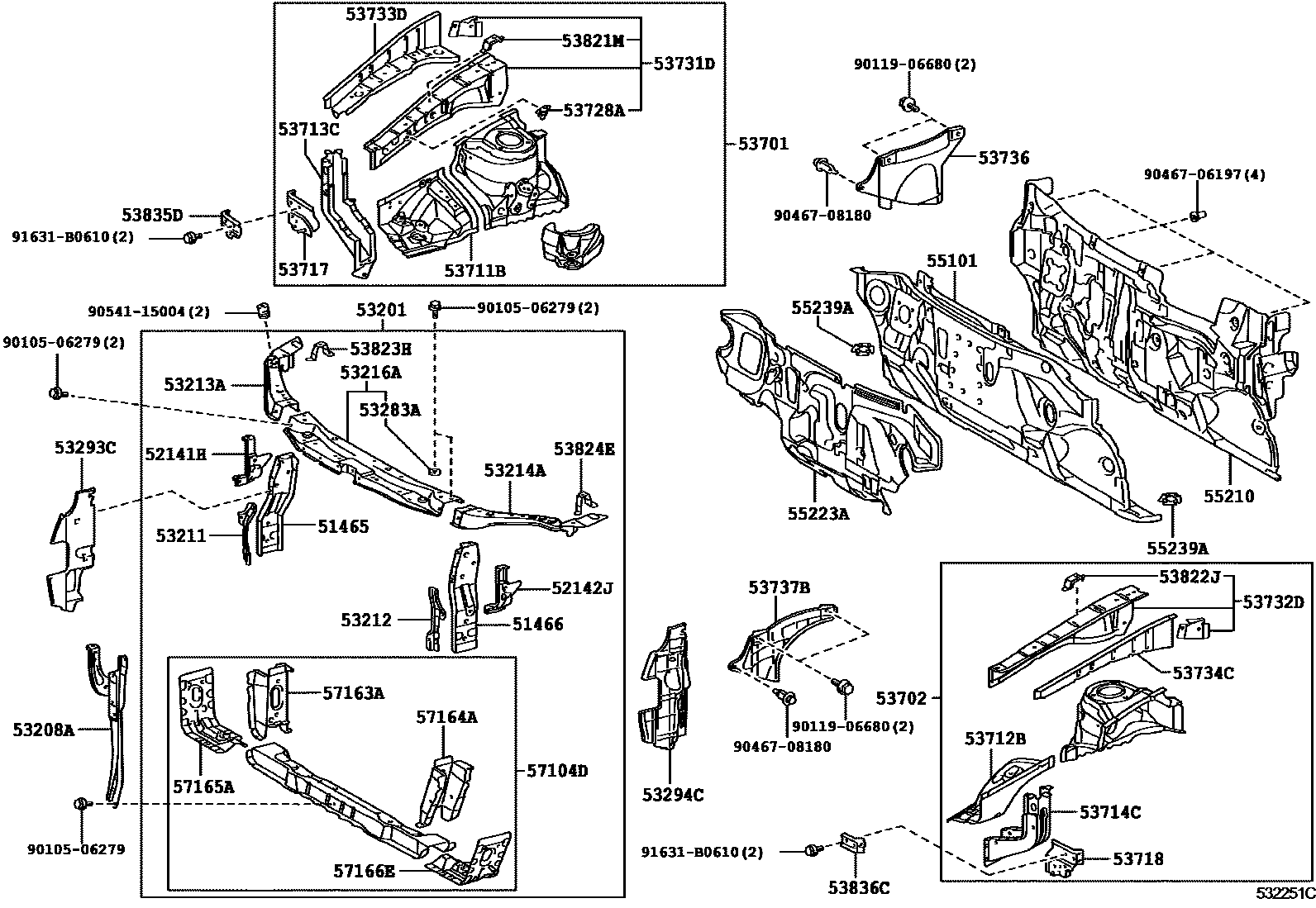 Toyota CAMRY 前翼子板挡泥板和前围板 EPC diagram — 532251C