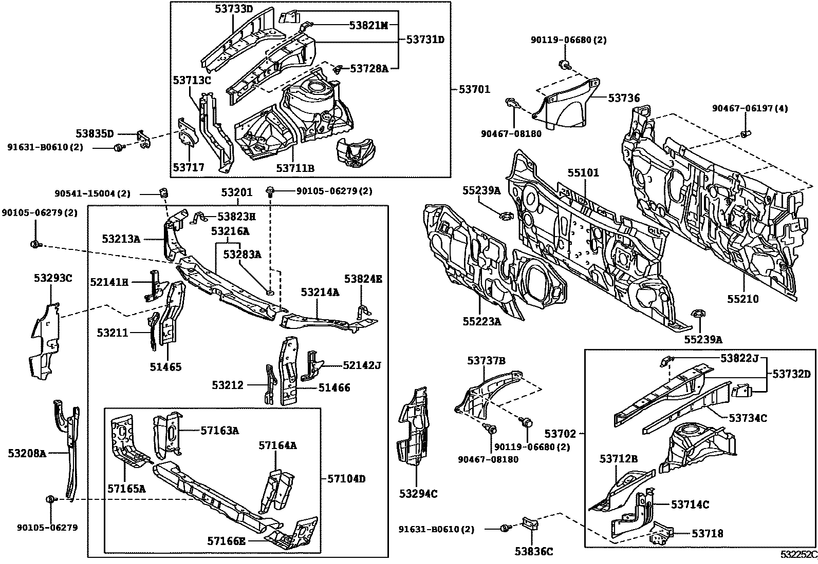 Toyota CAMRY 前翼子板挡泥板和前围板 EPC diagram — 532252C