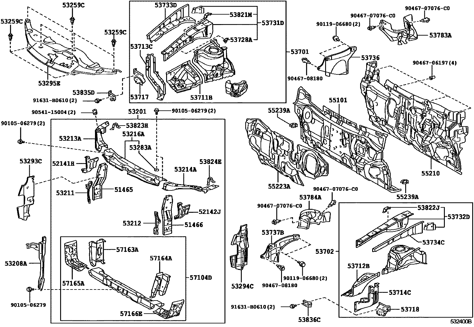 Toyota CAMRY 前翼子板挡泥板和前围板 EPC diagram — 532400B