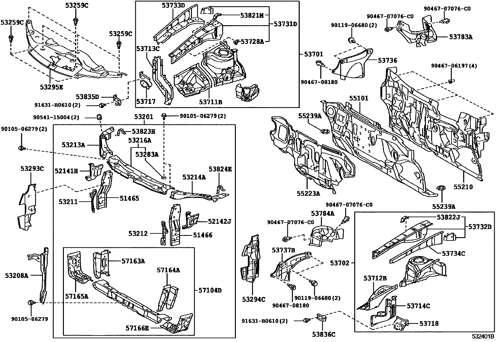 Toyota CAMRY 前翼子板挡泥板和前围板 EPC diagram — 532401B