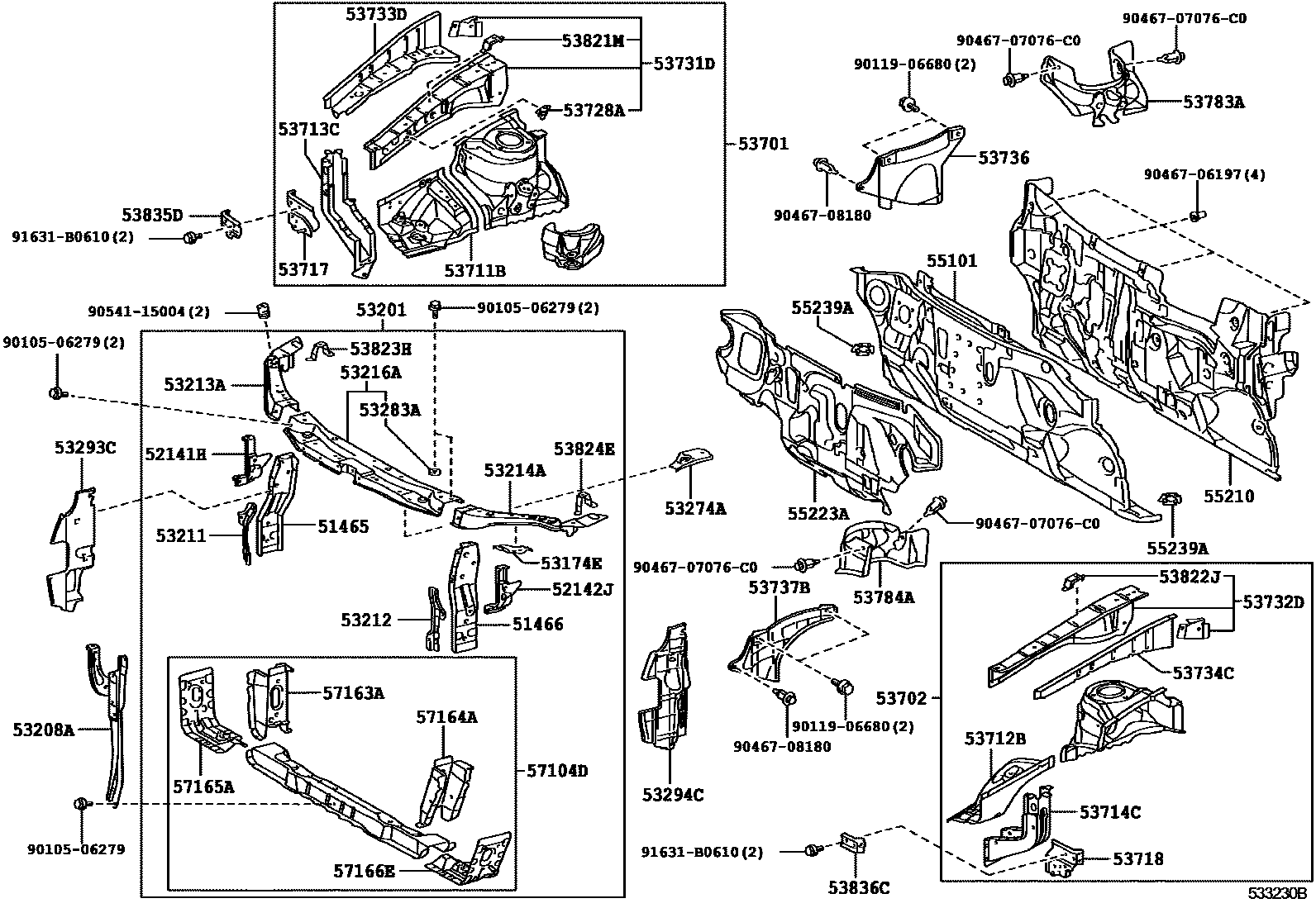 Toyota CAMRY 前翼子板挡泥板和前围板 EPC diagram — 533230B