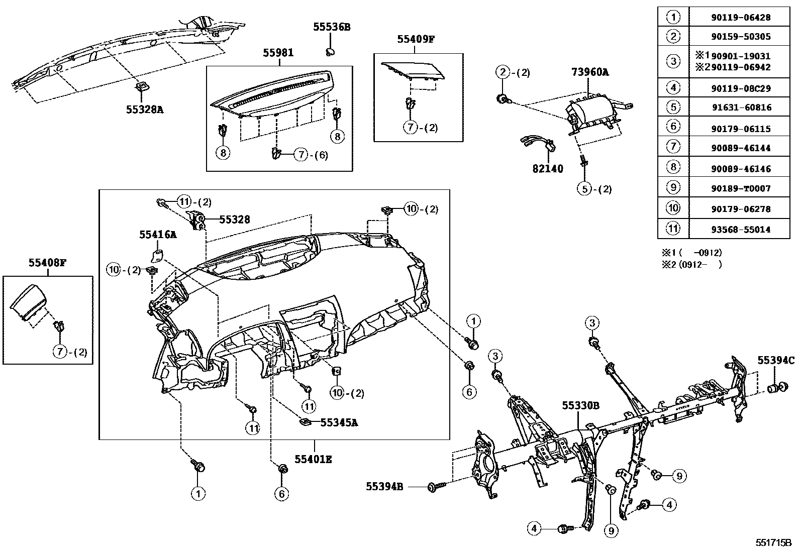Toyota CAMRY 仪表板和手套箱 EPC diagram — 551715B