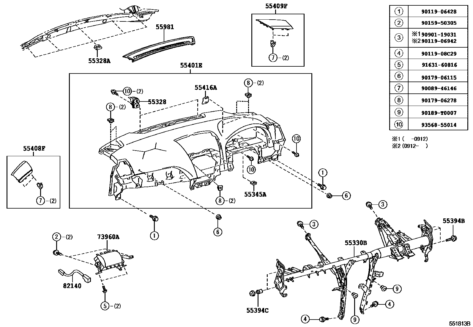 Toyota CAMRY 仪表板和手套箱 EPC diagram — 551813B