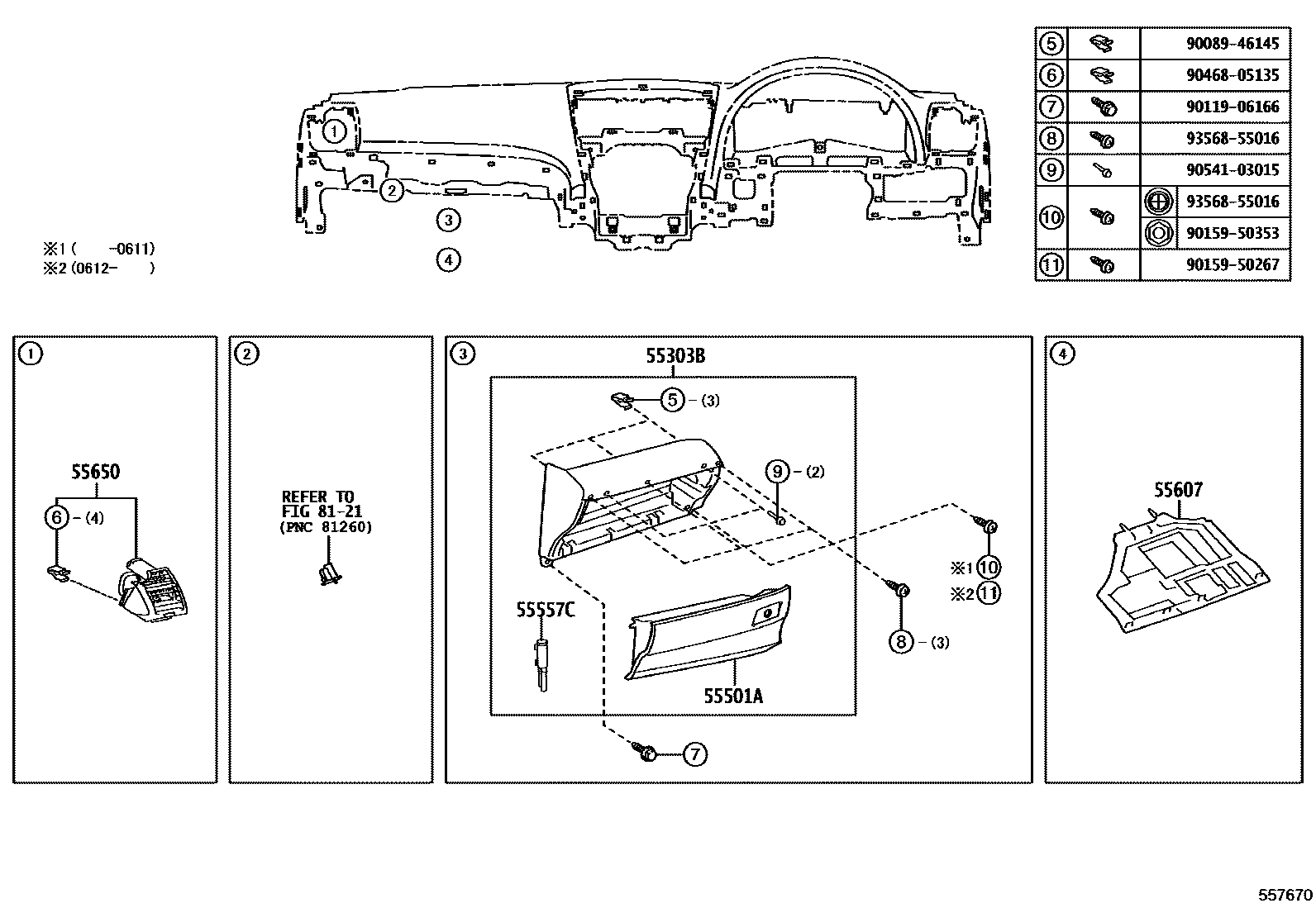 Toyota CAMRY 仪表板和手套箱 EPC diagram — 557670